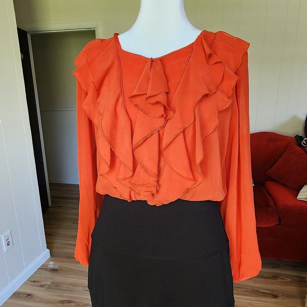 Chic Red Ruffle Blouse & Black Pencil Skirt Dress - Size 6